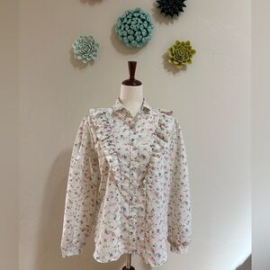 Vintage 80s Lady Maverick Floral Ruffle Prairie Calico Blouse in Cream 40 L